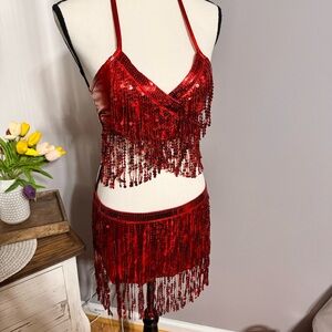 3 piece Red Shimmer dance outfit Small
